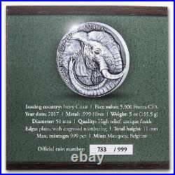 2017 Ivory Coast 5 oz Silver 5000 Fr Mauquoy Haut Relief Elephant