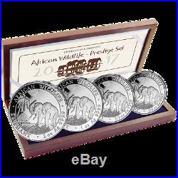 2017 Somalia Elephants, 4-coin Proof Set, 3.75 Oz Pp Silver, Wooden Case & Coa