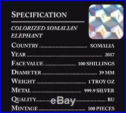 2017 SOMALIA ELEPHANT COLORIZED 1oz. 999 SILVER COIN BOX & COA 100/100 (DR)