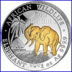 2017 SOMALIA ELEPHANT GILDED IN 24K GOLD 1 Oz. 9999 Silver African Wildlife Coin