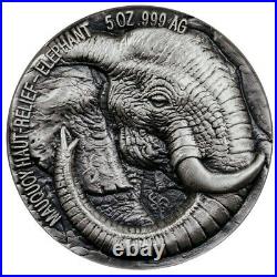 2017 Silver Ivory Coast 5 Oz Big 5 Mauquoy Elephant 5000 Francs High Relief Coin