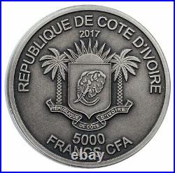 2017 Silver Ivory Coast 5 Oz Big 5 Mauquoy Elephant 5000 Francs High Relief Coin