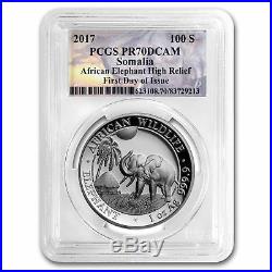 2017 Silver Somalia High Relief African Elephant 1st Day Issue Pcgs Pr70 Dcam