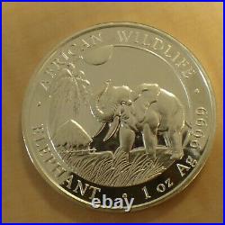 2017 Somalia 100 Schillings Elephant 1oz Silver 99.9% Coin Within a Zip