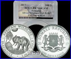 2017 Somalia African Elephant 100 Shillings PCGS PR70DCAM High Relief 1 of 1000