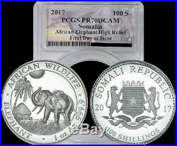 2017 Somalia African Elephant 100 Shillings PCGS PR70 DCAM High Relief 1 of 1000