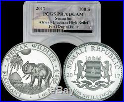 2017 Somalia African Elephant 100 Shillings PCGS PR70 DCAM High Relief 1 of 1000