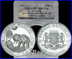 2017 Somalia African Elephant High Relief 100 Shilling Silver FDI PCGS PR70 DCAM