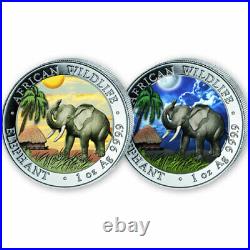 2017 Somalia Elephant Colorized DAY & NIGHT Silver 2-Coin Set COA# 1xx / 500