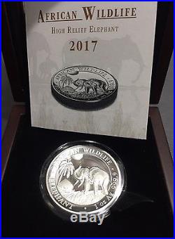 2017 Somalia High Relief Elephant 1 Oz. 9999 Silver Coin Box & COA 1000 minted