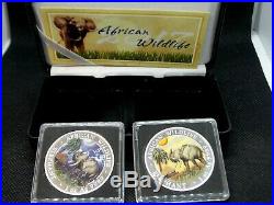 2017 Somalian ELEPHANT DAY & NIGHT Colorized Silver (2 Coin) AFRICAN WILDLIFE
