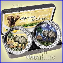 2017 Somalian ELEPHANT DAY & NIGHT Colorized Silver 2 Coin Set AFRICAN WILDLIFE