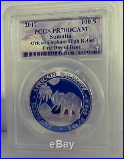 2017 Somilia African Elephant High Relief 100 Shillings PCGS PR70 DCAM FIRST DAY