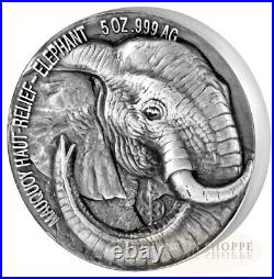 2017 The Elephant Big Five Mauquoy Haut Relief 5oz High Relief Pure Silver Coin