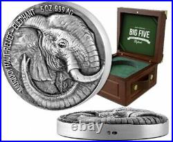 2017 The Elephant Big Five Mauquoy Haut Relief 5oz High Relief Pure Silver Coin