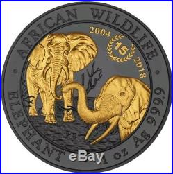2018 1 Oz Silver 100 Shillings SOMALIAN ELEPHANT, 15 Anniv. Golden Enigma Coin