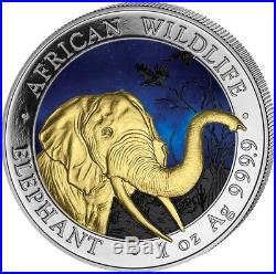2018 1 Oz Silver SOMALIAN COLORED ELEPHANT AT NIGHT Coin