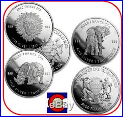 2018-2019 Republic of Chad 1 oz Silver Mandala Lion, Rhino & Elephant Coins