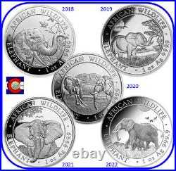 2018-22 Somalia (Somali Republic) Elephant 1 oz Silver Coins 5 Elephant Parade