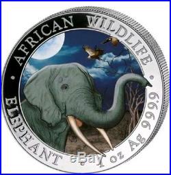 2018 AFRICAN ELEPHANT WILDLIFE DAY/NIGHT SET 2 X 1oz COLORIZED Silver, Box & COA
