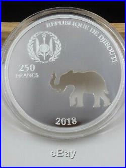 2018 Djibouti 250 Francs 1 oz 999 Silver Prooflike Coin ELEPHANT with Box & COA