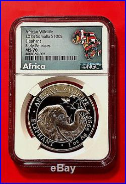 2018 Somalia 1 oz Silver Elephant 100S Coin NGC MS70 ER