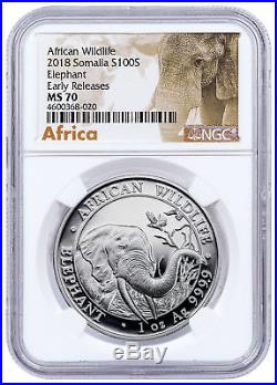 2018 Somalia 1 oz Silver Elephant 100S Coin NGC MS70 ER Exclusive Label SKU49901