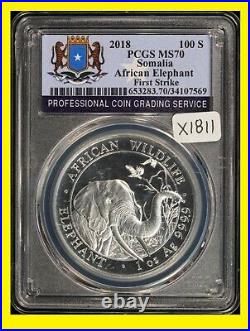 2018 Somalia Elephant 100 Shillings 1 oz 999.9 Silver PCGS MS 70