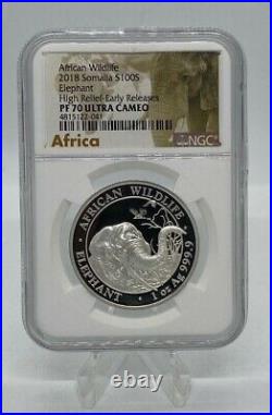 2018 Somalia Elephant High Relief-Early Releases NGC PF70 Ultra Cameo