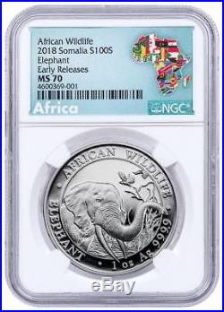 2018 Somalia Silver 100 Shillings African Elephant MS 70 ER NGC Coin #001
