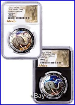 2018 Somalia Silver 100 Shillings Elephant MS70 NGC 2-Coin Set LABEL ERROR