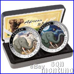 2018 Somalian ELEPHANT DAY & NIGHT Colorized Silver 2 Coin Set AFRICAN WILDLIFE