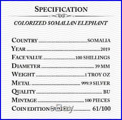 2019 1 Oz Silver 100 Shillings AFRICAN ELEPHANT Coin