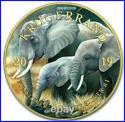 2019 1 Oz Silver South Africa ELEPHANT KRUGERRAND Coin WITH 24K GOLD GILDED