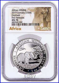 2019 Somalia 1 oz Silver Elephant Sh100 Coin NGC MS70 FR Exclusive Lbl SKU55256