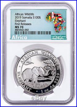 2019 Somalia 1 oz Silver Elephant Sh100 Coin NGC MS70 FR Exclusive Lbl SKU55257