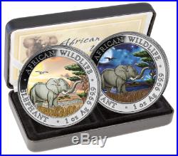 2019 Somalia Silver Elephant colorized Day & Night 2 coin set with Box and COA