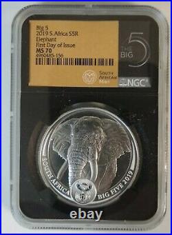2019 South Africa 1-oz Silver Big 5 Elephant NGC MS70 First Day of Issue