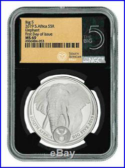 2019 South Africa Big 5 Elephant 1 oz Silver R5 Coin NGC MS69 FDI Black SKU57963