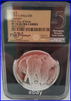 2019 South Africa Big 5 Elephant 1st Day of Prod PF70 Ultra Cameo Signed by TUMI