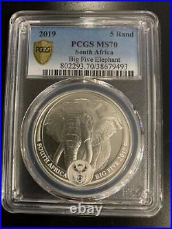 2019 South Africa Big Five Elephant 5 Rand PCGS MS70, Gold Shield