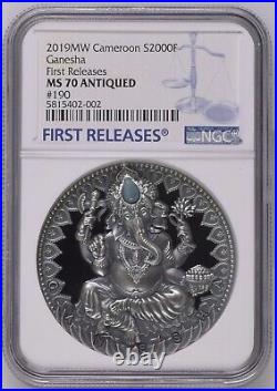 2019 World Cultures 2oz GANESHA Elephant Silver Coin Antique Cameroon NGC MS70