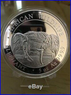 2020 SOMALIA ELEPHANT 5 oz 500 Shillings Silver Mirror Prooflike Coin BU CAPSULE