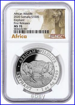2020 Somalia 1 oz Silver Elephant Sh100 Coin NGC MS70 FR Exclusive Label
