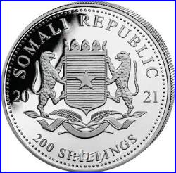 2021 200 Shilling SOMALIAN ELEPHANT 2 Oz Silver BU Coin