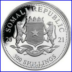 2021 5 Oz Silver 500 Shillings Somalian AFRICAN ELEPHANT BU Coin
