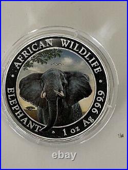 2021 Somali ELEPHANT African Wildlife Colorized coin. 9999 ultra fine silver