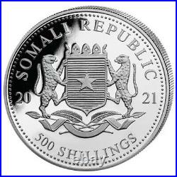 2021 Somalia 5 oz Silver. 9999 Fine Elephant 500 Shillings Coin BU+ Proof Like