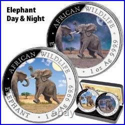 2024 Somalia Elephant Day & Night 2 x 1 oz Silver Coin Set 500 Mintage