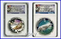 2 Australia 1oz Coins 2015/12 ELEPHANT SEAL & Shark Bay Dugong NGC PF70 UC ER